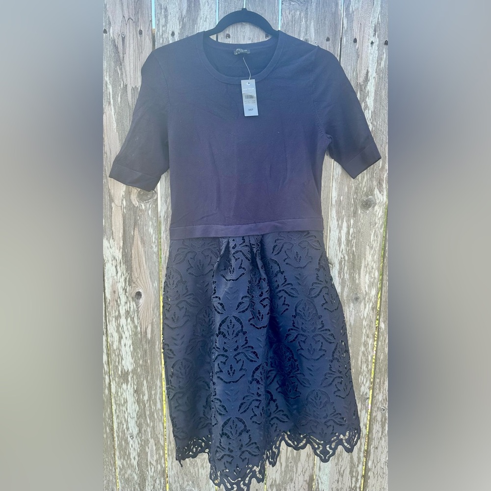 NWT • ANN TAYLOR PETITE • NAVY DRESS • SWEATER TOP LACE BOTTOM • SIZE MP